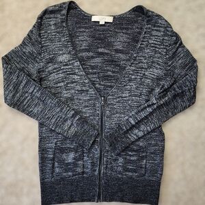 ​LOFT Small Cardigan V Neck Sweater Marled Gray Black Zip Up
​
